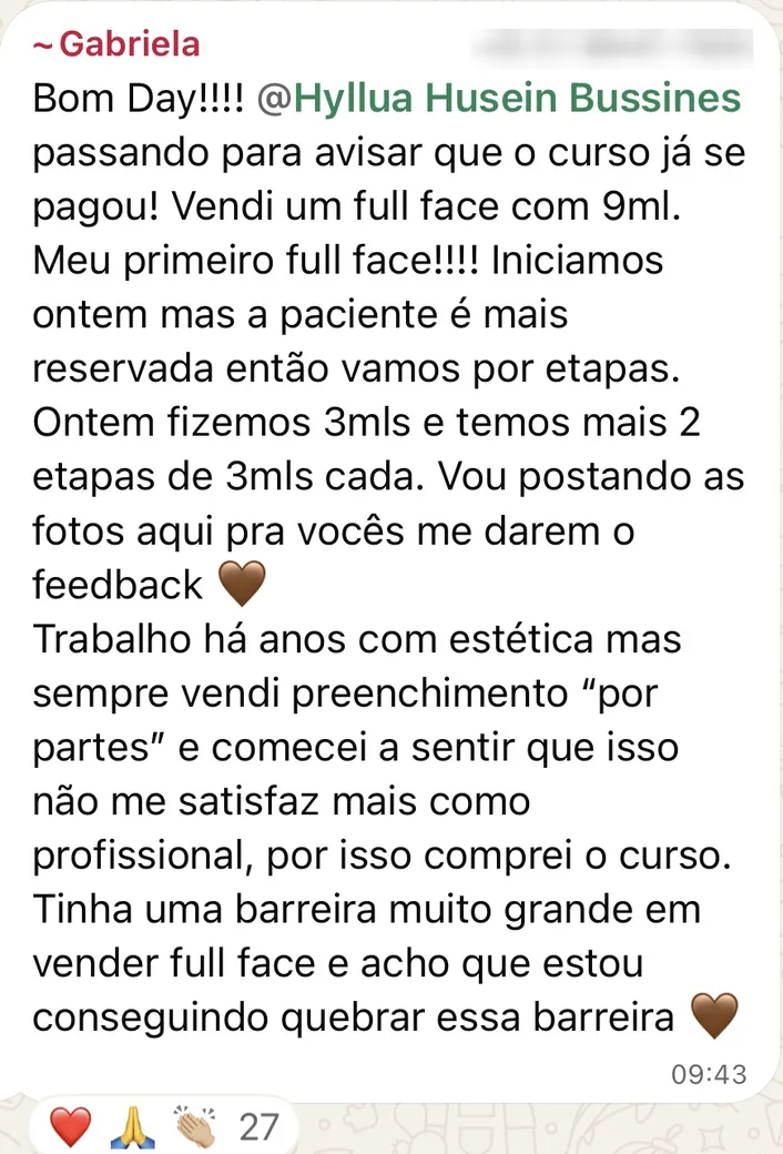 Print do depoimento de Gabriela no grupo de alunas