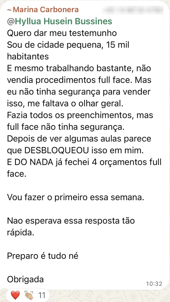 Print do depoimento de Marina C. no grupo de alunas